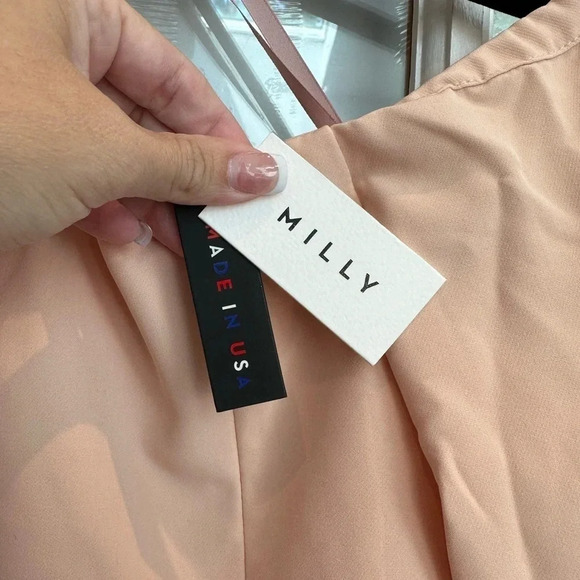 MILLY Selena Peach Italian Cady Off Shoulder Slit Side Sheath Dress Size 8 M NWT - Picture 7 of 13